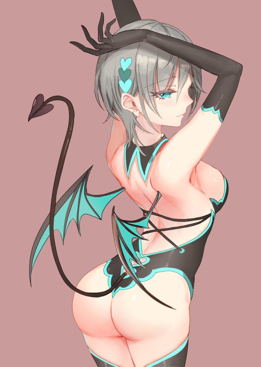 1girl anastasia_(idolmaster) armpits arms_up ass bangs bare_back black_gloves black_legwear blue_eyes blush breasts cross cross_necklace demon_girl demon_tail demon_wings earrings elbow_gloves eyebrows_visible_through_hair from_behind gloves grey_hair hair_between_eyes hair_ornament hand_behind_head heart heart_earrings heart_hair_ornament highres idolmaster idolmaster_cinderella_girls jewelry lavender_background leotard medium_breasts necklace parted_lips rum_raisin_(chihiromakita19) short_hair sideboob sidelocks simple_background sleeveless smile solo tail thighhighs wings