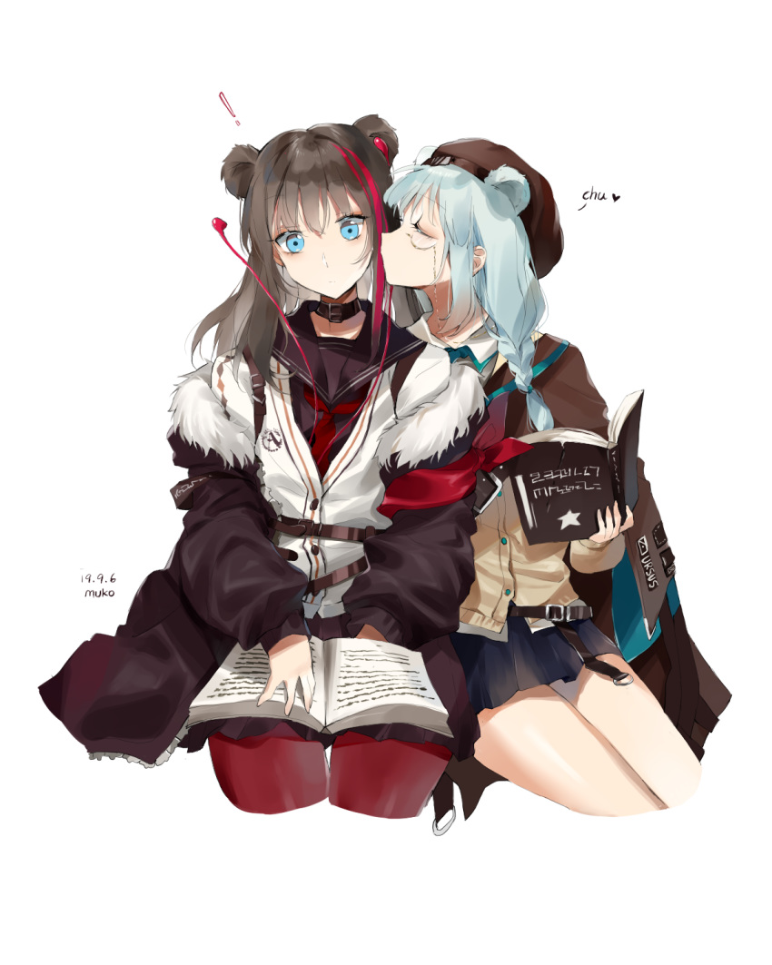 ! 2girls animal_ears aqua_neckwear arknights artist_name bare_legs bear_ears black_choker black_skirt blue_eyes book braid brown_cloak brown_hair brown_headwear brown_jacket cheek_kiss chinese_commentary choker cloak closed_eyes closed_mouth collared_shirt cowboy_shot dated earphones eyebrows_visible_through_hair eyelashes fur-trimmed_jacket fur_trim hair_between_eyes hat heart highres holding holding_book invisible_chair istina_(arknights) jacket kiss light_blue_hair looking_at_viewer medium_hair meng_ziya miniskirt monocle multicolored_hair multiple_girls necktie off_shoulder pantyhose pleated_skirt reading red_hair red_legwear red_neckwear romaji_text school_uniform serafuku shirt simple_background sitting skirt strap streaked_hair surprised thighs two-tone_hair vest white_background white_jacket white_shirt wing_collar yellow_vest yuri zima_(arknights)