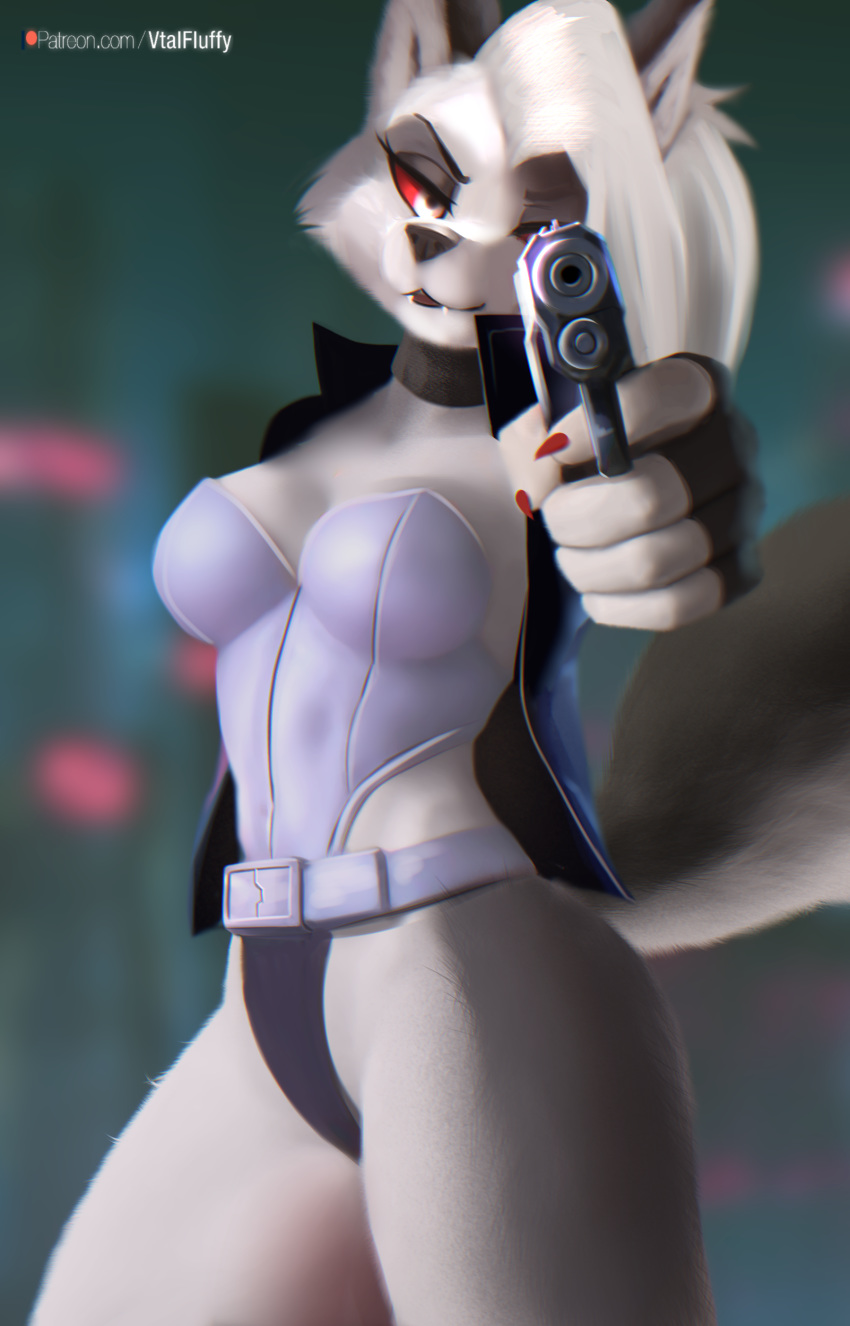 2020 5_fingers absurd_res aiming anthro breasts canid canid_demon canine canis choker clothed clothing demon female fingerless_gloves fingers fur ghost_in_the_shell gloves gun hair handgun handwear hellhound helluva_boss hi_res holding_object holding_weapon jewelry looking_at_viewer loona_(vivzmind) major_motoko_kusanagi mammal necklace pistol ranged_weapon red_sclera smile smirk solo text url v-tal watermark weapon white_body white_fur