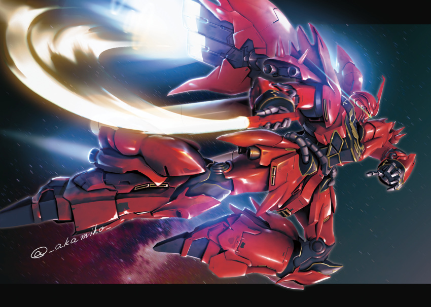 akamiho beam_saber energy_sword glowing glowing_eye gundam gundam_unicorn mecha no_humans robot sinanju space spikes sword thrusters twitter_username weapon