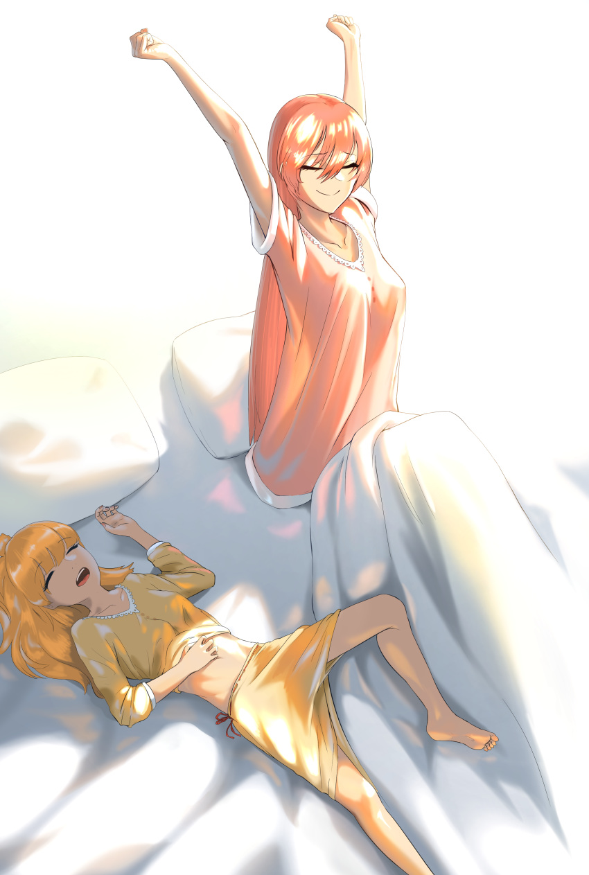 2girls absurdres bangs bed bed_sheet blonde_hair breasts changetofantasy closed_eyes collarbone eyebrows_visible_through_hair hair_between_eyes highres idolmaster idolmaster_cinderella_girls jougasaki_mika jougasaki_rika long_hair lying medium_breasts midriff multiple_girls on_back on_bed open_mouth pajamas pillow pink_hair ponytail see-through see-through_silhouette shirt_lift siblings sidelighting silhouette sisters sitting sitting_on_bed sleeping small_breasts smile stretch under_covers waking_up