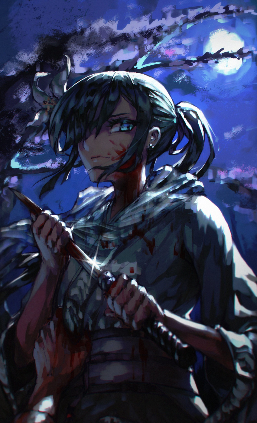 1girl absurdres black_hair blood blood_on_face bloody_knife bloody_weapon blue_eyes commission fate/grand_order fate_(series) flower full_moon hair_flower hair_ornament hair_over_one_eye highres holding holding_knife jin_grey_paladin jing_ke_(fate/grand_order) knife moon night orchid ponytail solo weapon