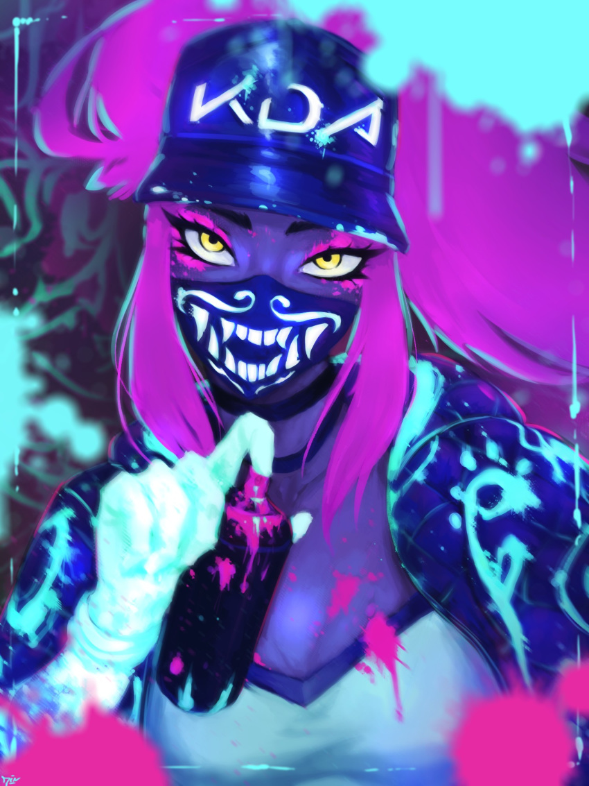 1girl baseball_cap breasts choker cleavage eyeliner eyeshadow gloves hat highres hood hood_down jacket jin_grey_paladin k/da_(league_of_legends) k/da_akali league_of_legends long_hair makeup mask medium_breasts mouth_mask paint_splatter pink_hair ponytail portrait raver sidelocks solo spray_paint ultraviolet_light white_gloves yellow_eyes