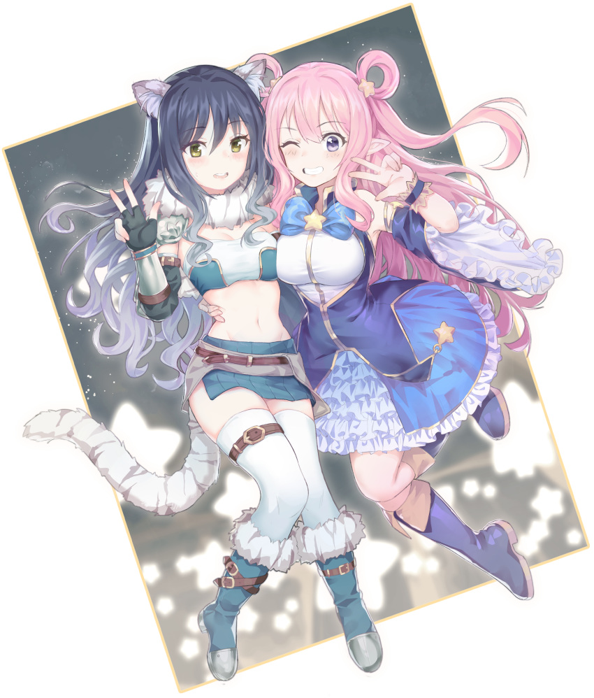 2girls absurdres animal_ears bandeau bare_shoulders black_gloves black_hair blue_skirt boots breasts detached_sleeves dress elbow_gloves fingerless_gloves floating_hair frilled_dress frills fur_collar gloves gold_trim gradient_hair grin hair_rings hand_up highres kashiwazaki_hatsune kashiwazaki_shiori large_breasts leg_belt long_hair looking_at_viewer midriff miniskirt mochirong multicolored_hair multiple_girls navel one_eye_closed open_mouth pink_hair princess_connect! princess_connect!_re:dive purple_eyes skirt smile stomach tail thighhighs tiger_ears tiger_tail w white_legwear wide_sleeves yellow_eyes zettai_ryouiki