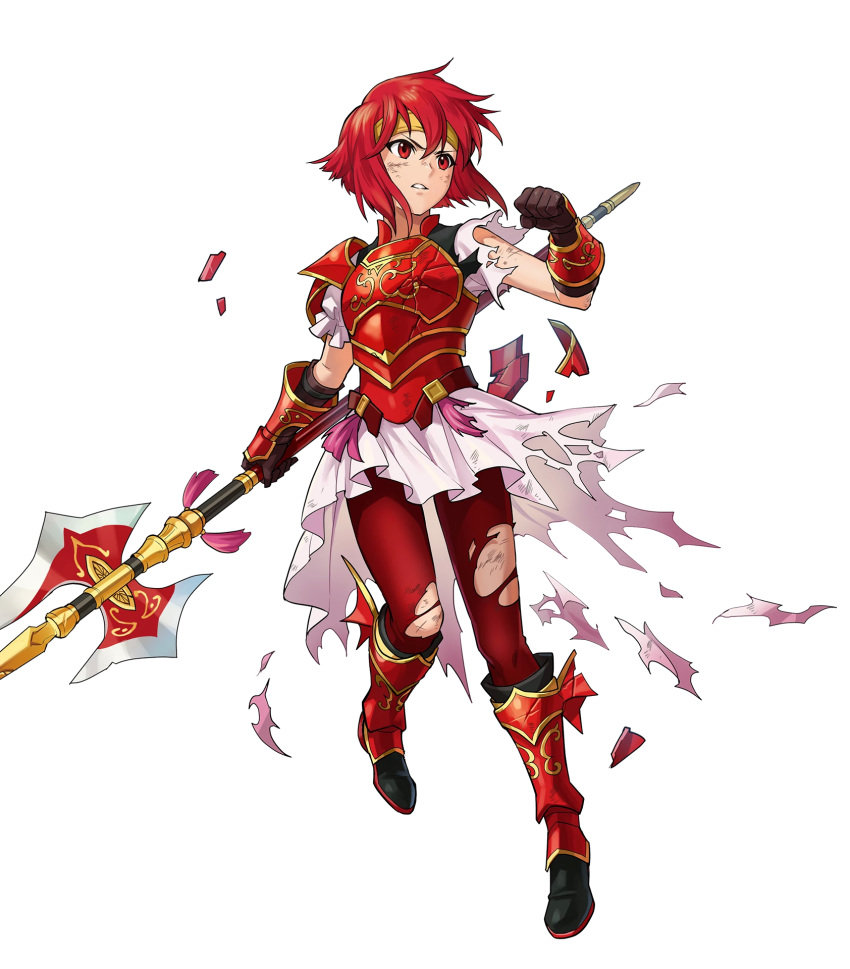 1girl armor armored_boots bangs boots fire_emblem fire_emblem:_mystery_of_the_emblem fire_emblem_heroes full_body highres holding holding_weapon indesign minerva_(fire_emblem) official_art polearm red_footwear red_hair short_hair skirt spear transparent_background weapon younger