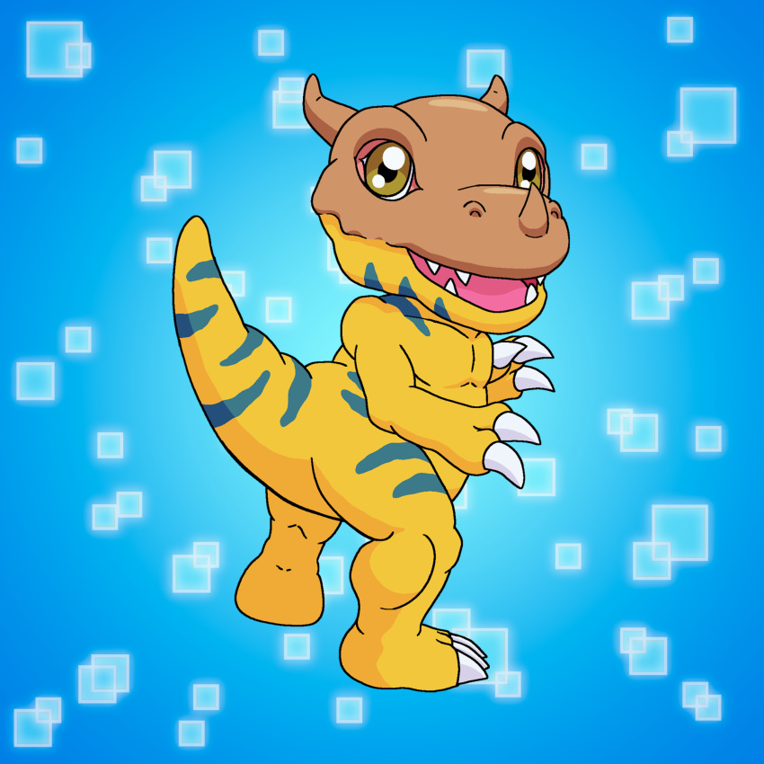 1:1 agumon ambiguous_gender blue_background blue_markings charlesdoodles claws digimon digimon_(species) evolution evolution_(transformation) feral greymon hi_res horn looking_back markings open_mouth reptile scalie simple_background solo teeth transformation yellow_eyes