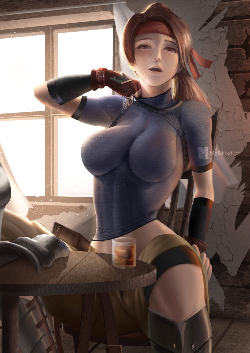 1girl alcohol backlighting bike_shorts breasts brown_eyes brown_hair commentary day detached_sleeves final_fantasy final_fantasy_vii final_fantasy_vii_remake fingerless_gloves fishnet_top gloves greaves headband highres hot impossible_clothes impossible_shirt indoors jessie_rasberry lips long_hair looking_at_viewer low_ponytail medium_breasts moi'dukdum parted_lips red_gloves shirt shorts shorts_pull shorts_under_shorts sitting skin_tight solo t-shirt turtleneck undressing whiskey