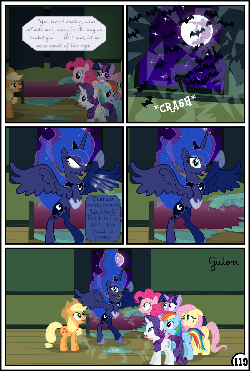 absurd_res applejack_(mlp) blonde_hair blush chiropteran clothing comic curtains dialogue english_text equid female feral fluttershy_(mlp) friendship_is_magic group gutovi-kun hair hat headgear headwear hi_res mammal my_little_pony orange_body pinkie_pie_(mlp) princess_luna_(mlp) rainbow_dash_(mlp) rarity_(mlp) text twilight_sparkle_(mlp) window