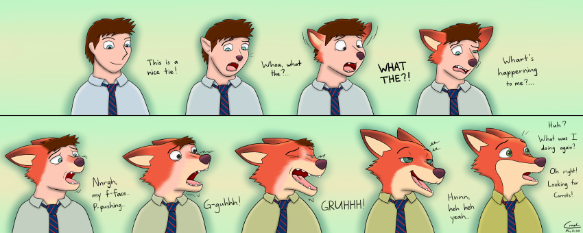 3waycrash absurd_res anthro black_nose blue_eyes bow_tie brown_hair canid canine clothing disney english_text fox fur green_background green_eyes hair hi_res human human_to_anthro male mammal nick_wilde orange_body orange_fur simple_background solo species_transformation text tf_into_fictional_character transformation zootopia