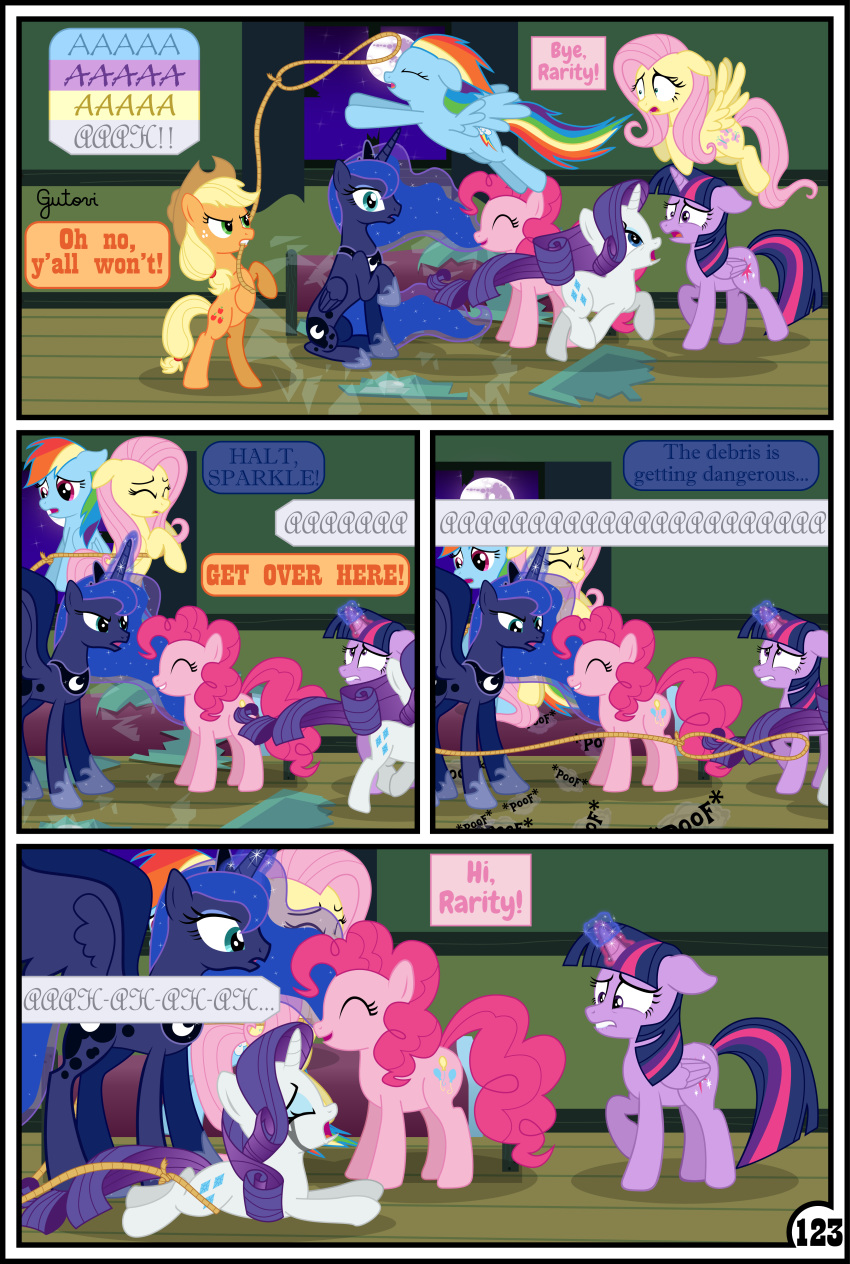 absurd_res applejack_(mlp) blonde_hair clothing comic curtains dialogue english_text equid female feral fluttershy_(mlp) friendship_is_magic group gutovi-kun hair hat headgear headwear hi_res mammal my_little_pony orange_body pinkie_pie_(mlp) princess_luna_(mlp) rainbow_dash_(mlp) rarity_(mlp) text twilight_sparkle_(mlp) window