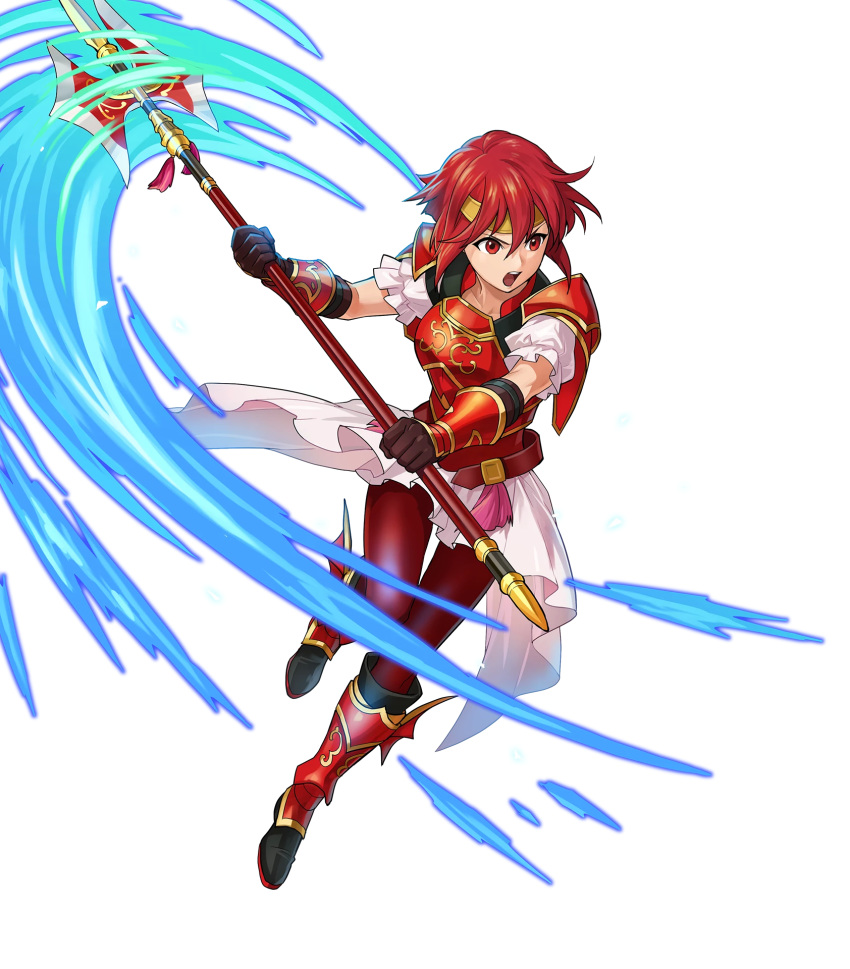 1girl armor armored_boots bangs boots fire_emblem fire_emblem:_mystery_of_the_emblem fire_emblem_heroes full_body highres holding holding_weapon indesign minerva_(fire_emblem) official_art polearm red_footwear red_hair short_hair skirt spear transparent_background weapon younger