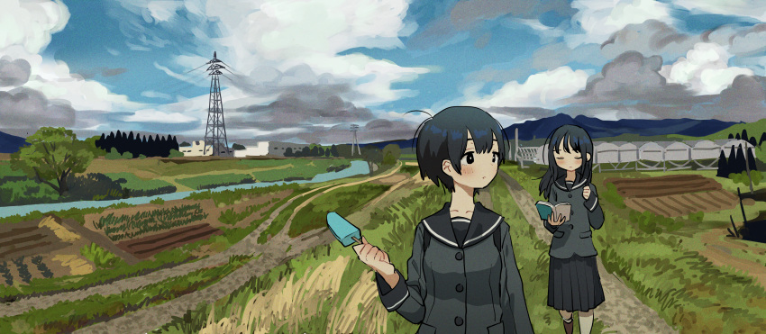 2girls absurdres bangs black_eyes black_hair black_skirt blush book closed_eyes cloud day field food highres holding holding_book huge_filesize long_hair long_sleeves multiple_girls original popsicle river rural sailor_collar scenery school_uniform serafuku short_hair skirt sky tree zinbei