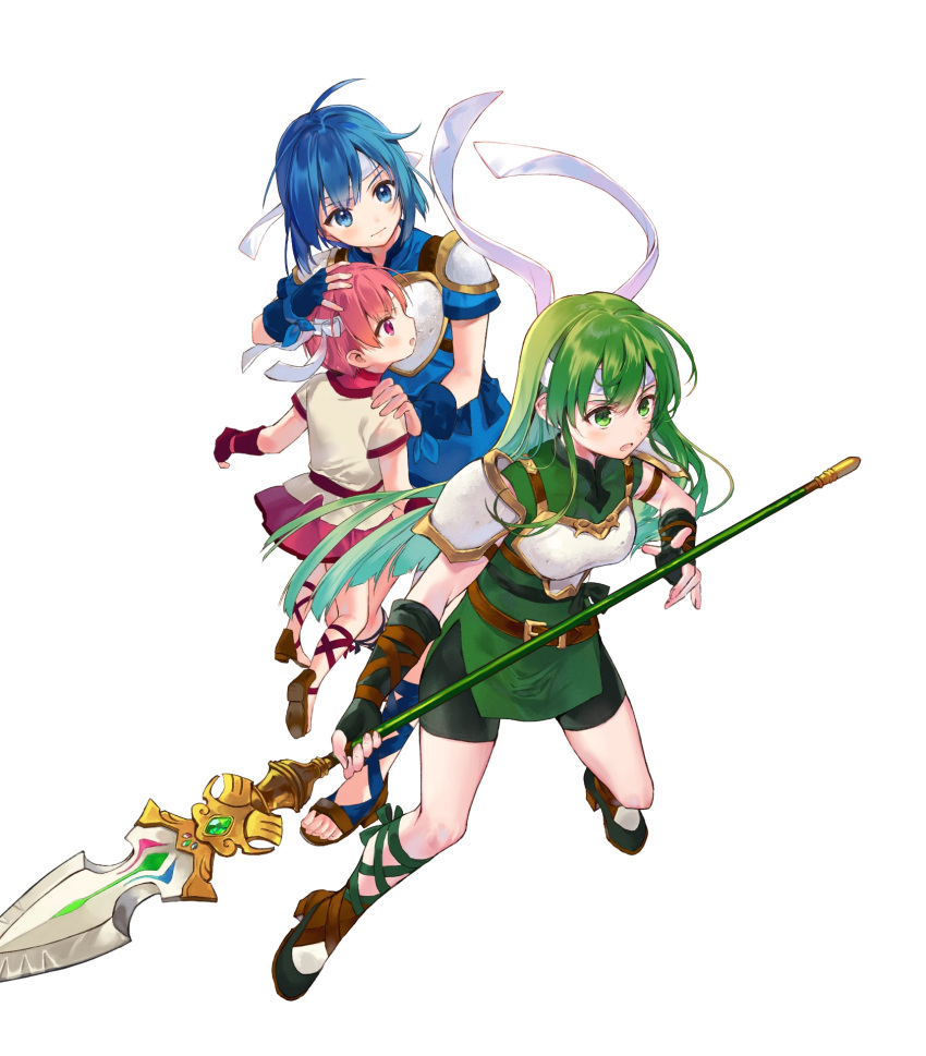 3girls armor bangs belt blue_dress blue_eyes blue_gloves blue_hair breastplate catria_(fire_emblem) dress est_(fire_emblem) fingerless_gloves fire_emblem fire_emblem:_mystery_of_the_emblem fire_emblem_heroes full_body gloves green_dress green_eyes green_gloves green_hair hanekoto headband highres holding holding_weapon long_hair multiple_girls official_art open_mouth open_toe_shoes palla_(fire_emblem) pink_hair polearm sandals shiny shiny_hair short_dress short_hair short_sleeves shorts shoulder_armor shoulder_pads siblings sisters spear toes transparent_background weapon younger