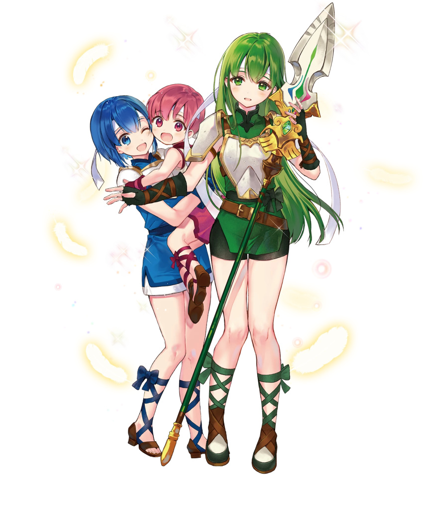 3girls armor bangs belt blue_dress blue_eyes blue_hair blush bow breastplate catria_(fire_emblem) dress est_(fire_emblem) eyebrows_visible_through_hair feathers fingerless_gloves fire_emblem fire_emblem:_mystery_of_the_emblem fire_emblem_heroes full_body gloves green_dress green_eyes green_gloves green_hair hanekoto headband highres holding holding_weapon long_hair looking_at_viewer multiple_girls official_art one_eye_closed open_mouth open_toe_shoes palla_(fire_emblem) pink_hair polearm short_dress short_hair shorts shoulder_armor shoulder_pads siblings sisters smile sparkle spear standing toes transparent_background weapon younger