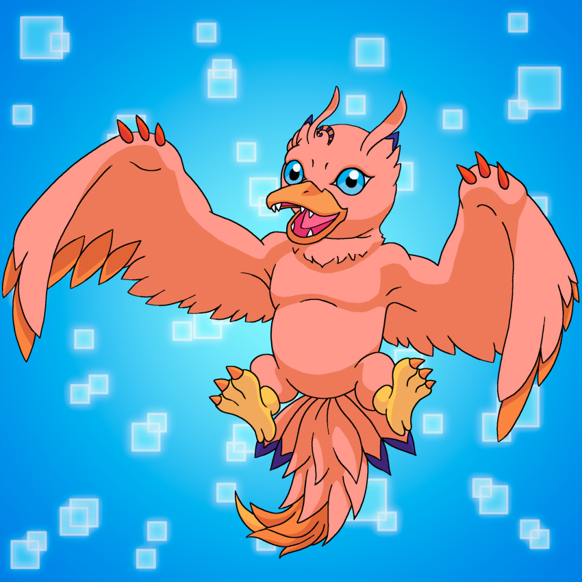 1:1 ambiguous_gender avian beak birdramon biyomon blue_background blue_eyes blue_markings charlesdoodles claws digimon digimon_(species) evolution evolution_(transformation) feathers feral hi_res markings open_mouth orange_body orange_feathers pink_body pink_feathers simple_background solo teeth toe_claws transformation