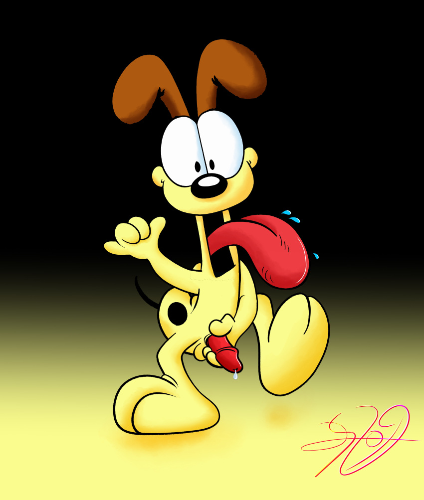 absurd_res canid canine canis domestic_dog erection feral garfield_(series) genitals hi_res holding_penis lobofeo male mammal odie_the_dog on_one_leg penis pinup pose solo standing tongue tongue_out