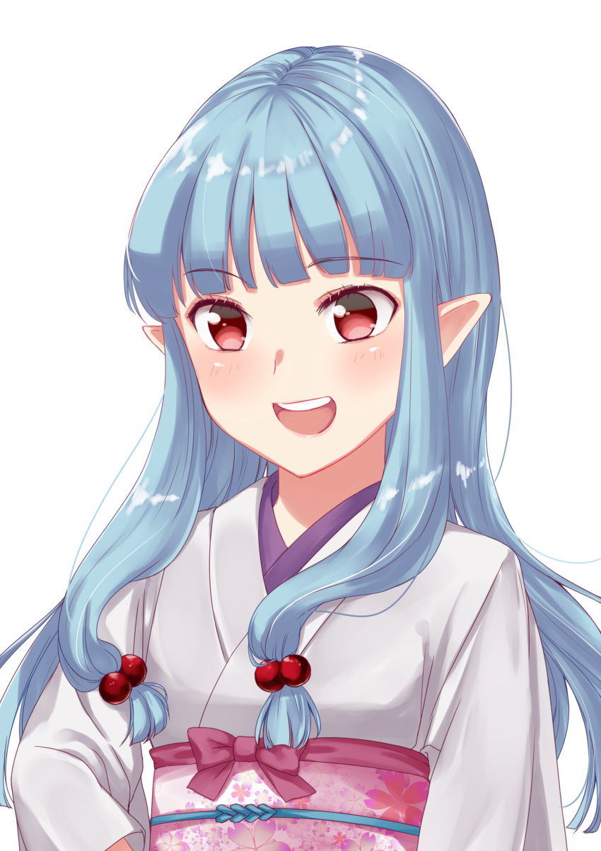 1girl :d absurdres bangs blue_hair blunt_bangs commentary_request eyebrows_visible_through_hair hair_bobbles hair_ornament hand_on_hip highres japanese_clothes kimono kiriha_(tsugumomo) long_hair obi open_mouth pointy_ears red_eyes sash shirokuro_neko_(ouma_haruka) sidelocks simple_background smile solo tsugumomo upper_body upper_teeth white_background white_kimono