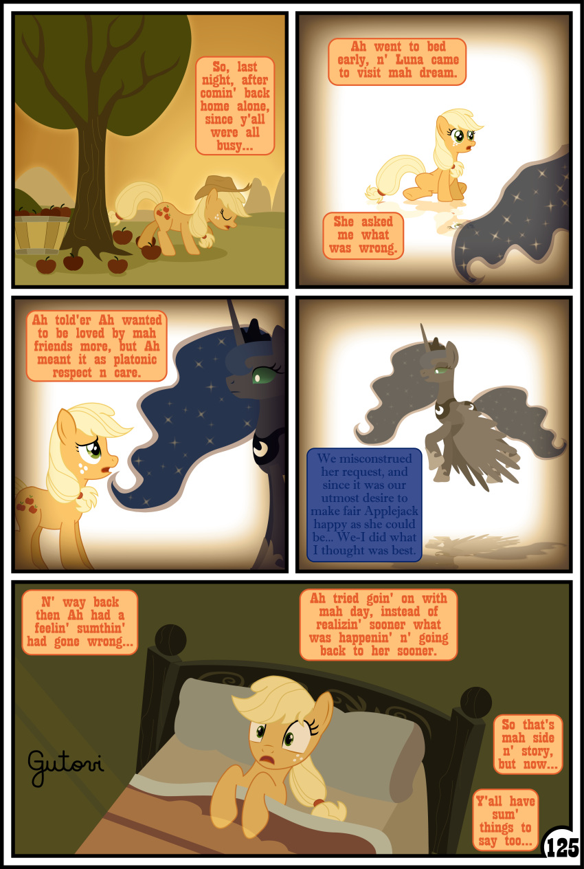 absurd_res apple applejack_(mlp) blonde_hair clothing comic dialogue duo english_text equid female feral food friendship_is_magic fruit gutovi-kun hair hat headgear headwear hi_res mammal my_little_pony orange_body plant princess_luna_(mlp) text tree