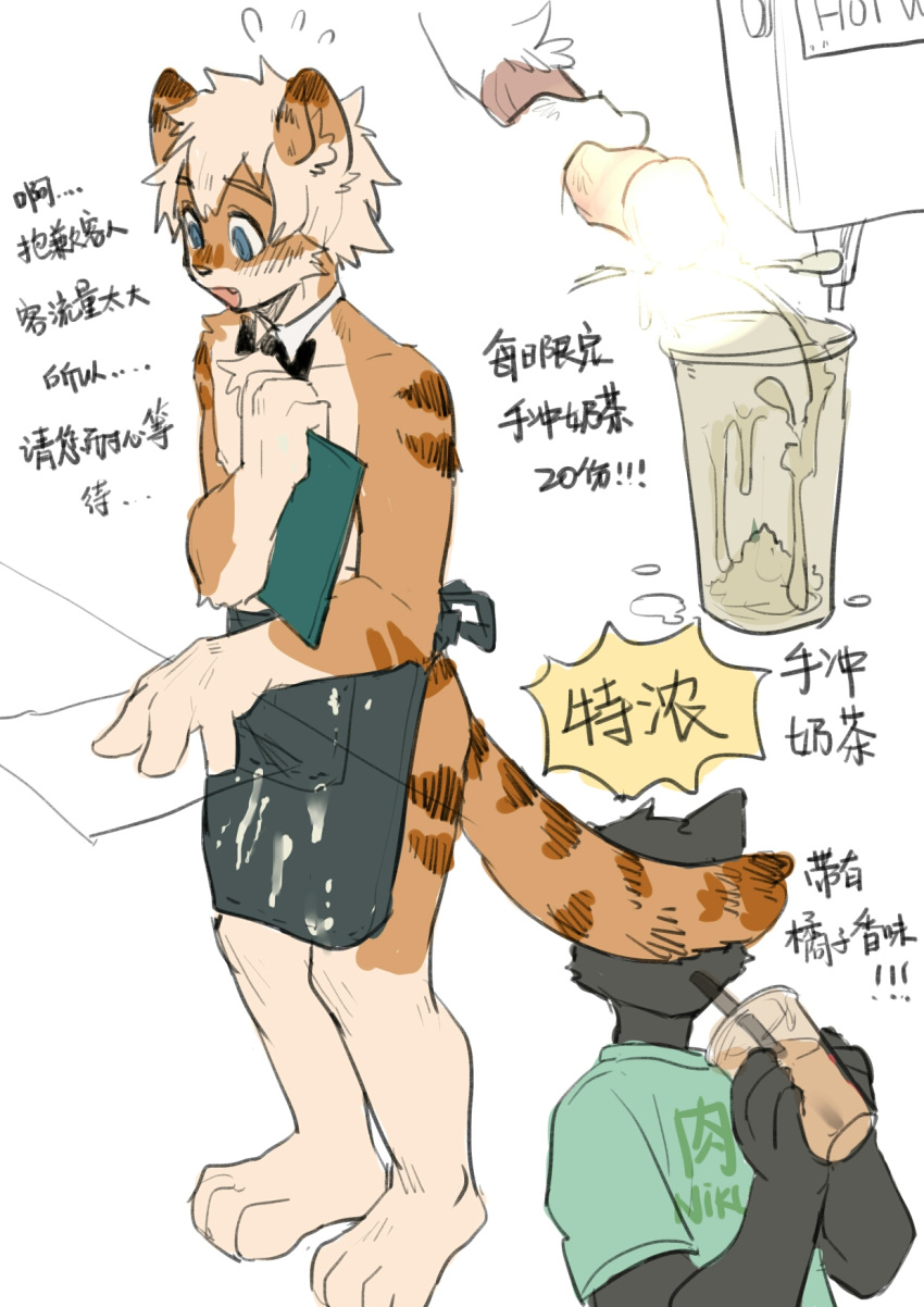 2019 4_fingers 4_toes anthro apron apron_only barefoot beverage black_nose blue_eyes blush bodily_fluids bow_tie brown_body brown_fur brown_stripes censored chest_tuft clothing cum cum_in_a_cup cum_stain digital_media_(artwork) domestic_cat duo erection eyebrows faceless_male felid feline felis fingers fur genital_fluids genitals glass hair hi_res hkl hkl9917462 holding_object holding_penis male mammal masturbation mostly_nude multicolored_body multicolored_fur nipples open_mouth penile penile_masturbation penis shirt shirt_cuffs simple_background smile solo_focus stripes t-shirt tan_body tan_fur toes topwear tuft waiter white_background