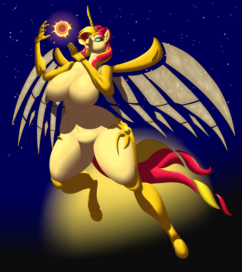 absurd_res anthro breasts clock-face equestria_girls equid featureless_breasts female hi_res horn mammal moon my_little_pony night nonuberis sky solo star sunset_shimmer_(eg) thick_thighs winged_unicorn wings