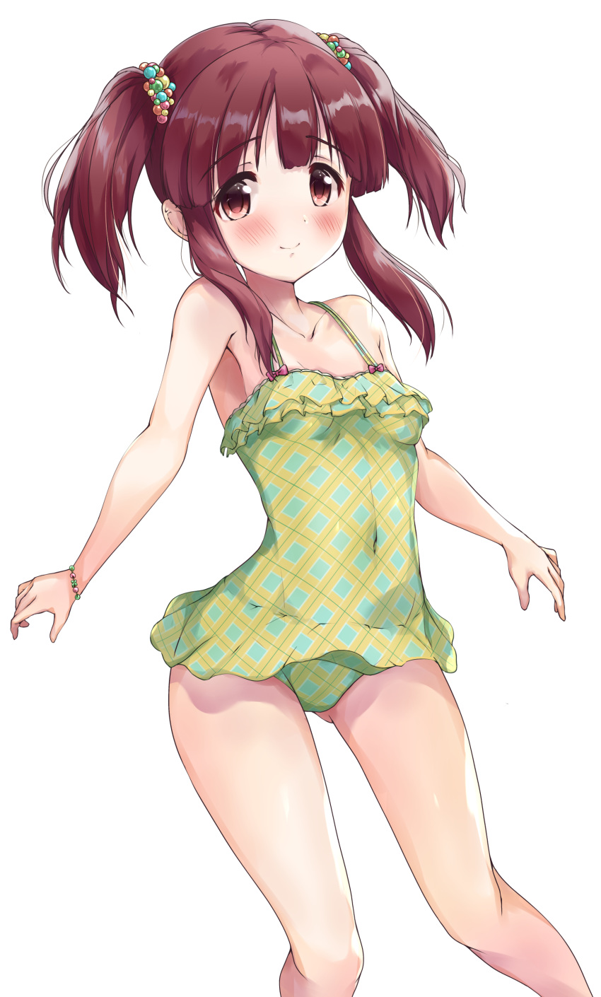 1girl absurdres brown_eyes brown_hair casual_one-piece_swimsuit collarbone commentary_request covered_navel feet_out_of_frame frilled_swimsuit frills green_swimsuit highres idolmaster idolmaster_cinderella_girls kuroba_aki looking_at_viewer ogata_chieri one-piece_swimsuit simple_background smile solo standing swimsuit twintails white_background