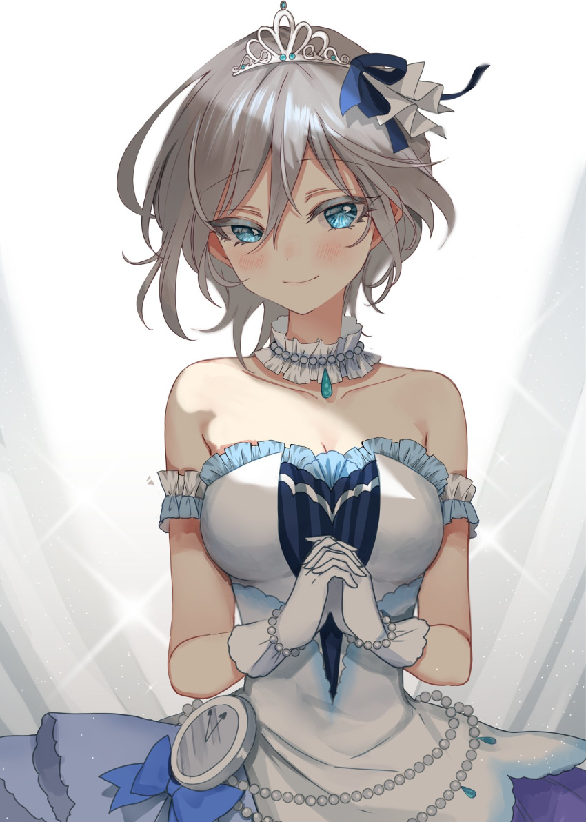 1girl anastasia_(idolmaster) bare_shoulders blue_eyes blue_ribbon blush bracelet breasts choker cleavage clock collarbone curtains dress eyebrows_visible_through_hair frill_trim gloves grey_hair hair_between_eyes hair_ribbon half_gloves hands_together highres idolmaster idolmaster_cinderella_girls jewelry medium_breasts multicolored multicolored_clothes multicolored_dress off-shoulder_dress off_shoulder pearl_bracelet pearl_choker pendant ribbon rum_raisin_(chihiromakita19) short_hair sleeveless sleeveless_dress smile solo sparkle_background starry_sky_bright tiara upper_body white_gloves