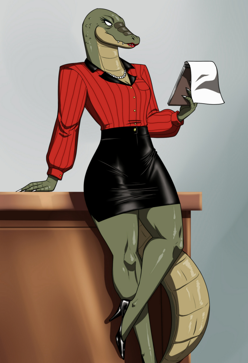 anthro bottomwear breasts business_attire claws clothing crocodile crocodilian crocodylid crovirus eyelashes female footwear gem glistening glistening_clothing gradient_background green_body green_scales hi_res high_heels jewelry leaning lipstick makeup mature_female necklace non-mammal_breasts notebook pearl_(gem) pearl_necklace reading reptile scales scalie sharp_teeth shoes simple_background skirt solo teeth wide_hips