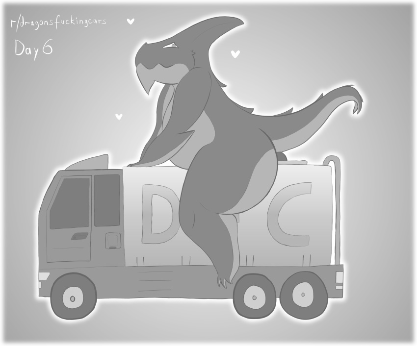 &lt;3 1_horn anthro big_butt butt car chin_spikes curvy_figure dragon dragons_having_sex_with_cars english_text facial_spikes forked_tail greyscale hi_res horn inanimate_object male mechanophilia monochrome nude profanity psychpsy psychpsyo scalie simple_background sitting spikes text thick_thighs truck_(vehicle) vehicle wheels