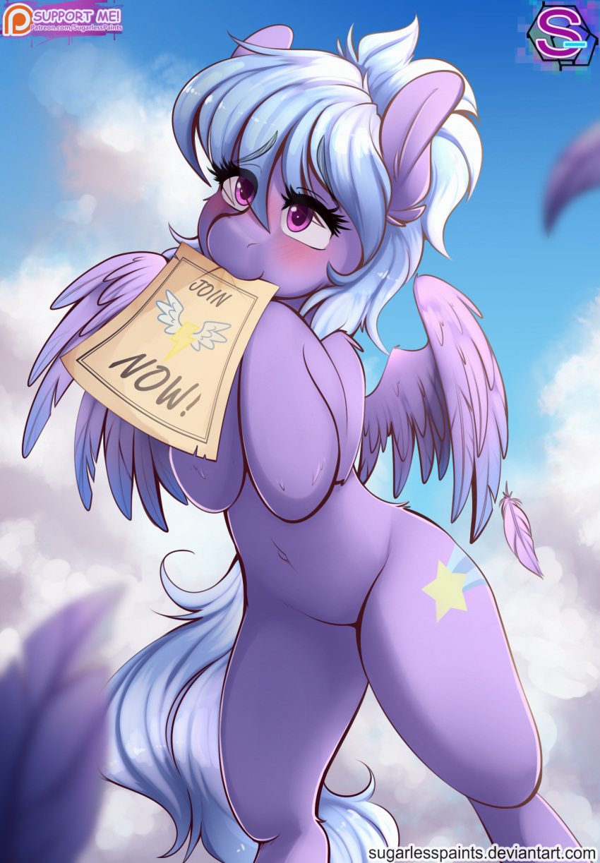 2016 blush cloud cloud_chaser_(mlp) cutie_mark darkhazard day english_text equid equine eyebrows eyelashes feathered_wings feathers female friendship_is_magic fur hi_res hooves mammal mouth_hold my_little_pony navel outside patreon poster pterippus snout solo text url wings