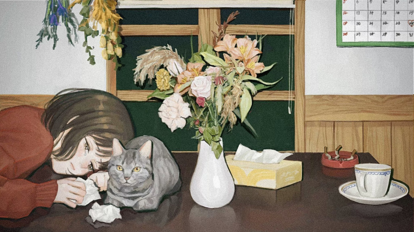 1girl blue_flower brown_eyes brown_hair calendar_(object) cat cigarette_butt cup flower grey_cat highres leaf long_sleeves original pink_flower plant plate red_flower red_sweater reflection solo sweater tissue_box utsuwa0120 vase white_flower window yellow_flower