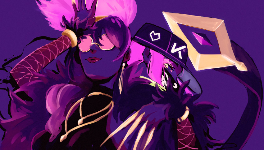 2girls absurdres akali back-to-back bracelet claws demon_girl earrings evelynn flat_cap from_side gem glasses glowing harada021 hat highres huge_filesize jewelry k/da_(league_of_legends) k/da_akali k/da_evelynn league_of_legends lips lipstick long_hair makeup mask multiple_girls necklace ponytail purple_hair sidelocks yellow_eyes