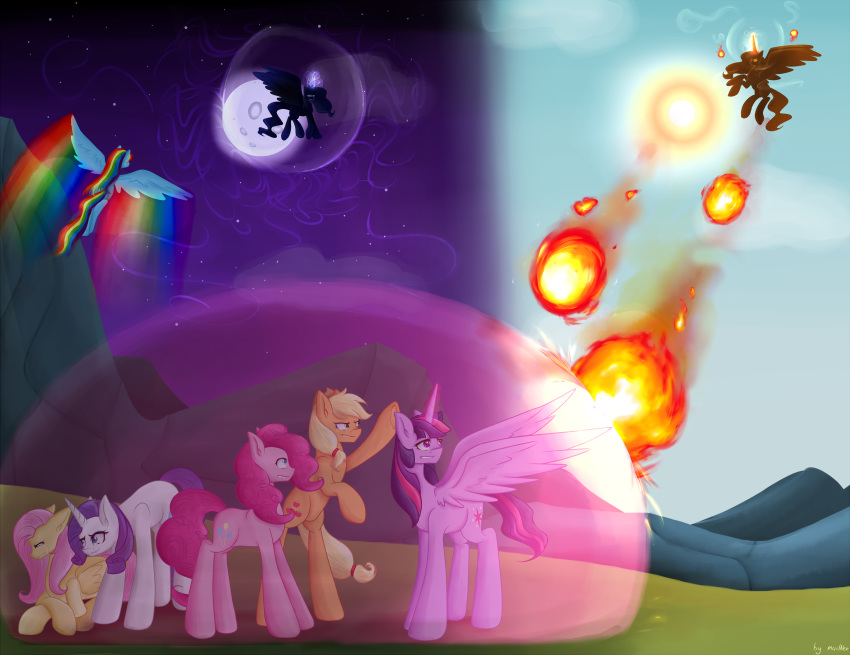 absurd_res applejack_(mlp) bodily_fluids cutie_mark day earth_pony equid equine fluttershy_(mlp) friendship_is_magic group hi_res horn horse mailner mammal moon my_little_pony night pinkie_pie_(mlp) pony princess_celestia_(mlp) princess_luna_(mlp) pterippus rainbow_dash_(mlp) rarity_(mlp) sky sun tears twilight_sparkle_(mlp) unicorn winged_unicorn wings