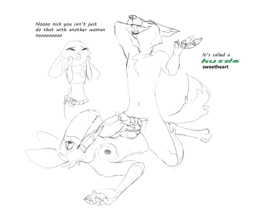 anthro avian balls bird bodily_fluids breasts canid canine clothed clothing crying cum dialogue disney english_text fangs female fox fur genital_fluids genitals group hd01 humor judy_hopps lagomorph leporid male male/female mammal meme navel nick_wilde nipples nude on_top penis penis_grab rabbit red_fox sketch tears text toucan wetchop zootopia