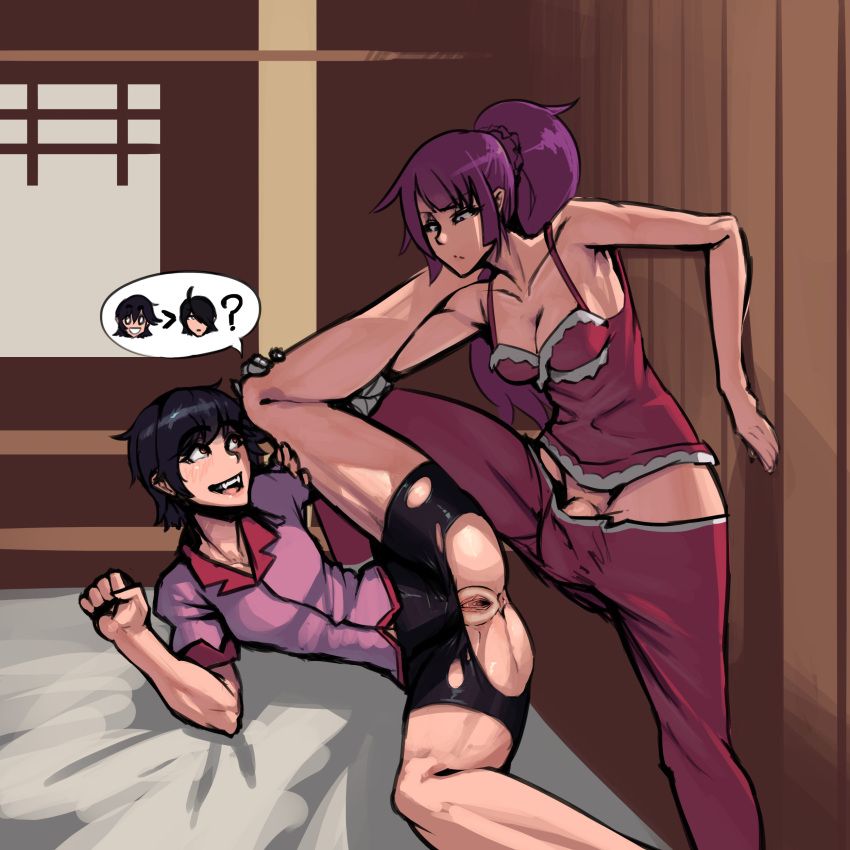 2girls absurdres anus bike_shorts black_hair blue_eyes boxman brown_eyes edited futanari highres kanbaru_suruga monogatari_(series) multiple_girls purple_hair pussy senjougahara_hitagi short_hair smile third-party_edit torn_clothes torn_legwear