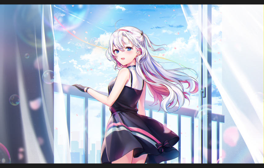 1girl ahoge avatar_2.0_project bare_arms bare_shoulders black_dress black_gloves blue_eyes blue_sky blue_theme breasts bubble cloud cloudy_sky condensation_trail cowboy_shot curtains dress gloves hairband highres komeshiro_kasu lens_flare long_hair looking_at_viewer multicolored_hair musubime_yui one_side_up open_mouth pink_hair railing sky sleeveless sleeveless_dress small_breasts smile solo standing two-tone_hair virtual_youtuber white_hair wristband