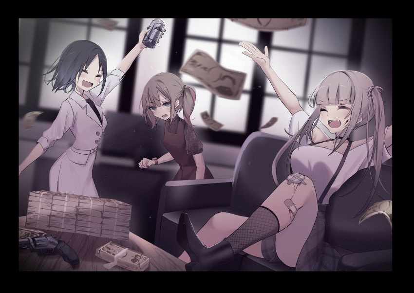3girls :d \o/ ^_^ arm_up arms_up bandaid_on_leg bare_shoulders beer_can black_footwear black_hair black_shirt blood blood_on_face blue_nails blurry blurry_background boots breasts brown_dress brown_hair can cleavage closed_eyes commentary_request couch depth_of_field dress fishnets grey_eyes grey_skirt gun handgun high_heel_boots high_heels highres holding holding_can indoors jacket knee_up long_hair medium_breasts money multiple_girls nail_polish off-shoulder_shirt off_shoulder on_couch open_mouth original outstretched_arms purple_nails revolver shirt short_sleeves skirt sleeveless sleeveless_dress smile socks standing suspender_skirt suspenders tsuruse twintails watch weapon white_jacket white_shirt white_skirt window wristwatch