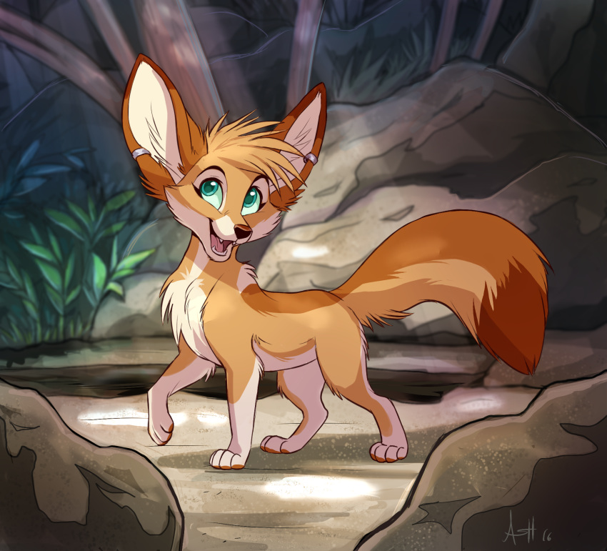 2016 ash_fox_(skeleion) canid canine chest_tuft detailed_background ear_piercing feral fox fur green_eyes hi_res inner_ear_fluff light lighting mammal open_mouth open_smile piercing plant rock skeleion smile solo sunbeam sunlight tuft yellow_body yellow_fur