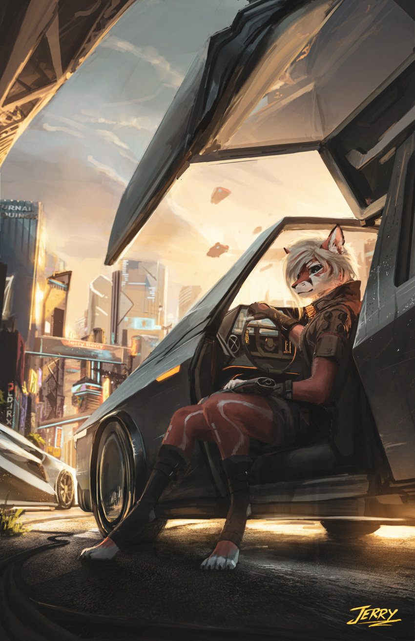 2019 absurd_res anthro brown_body brown_fur building canid canine car city cloud cyberpunk_2077 detailed_background fox fur hair hi_res inside_car kadrion low-angle_view mammal outside sitting sky solo vehicle white_body white_fur white_hair