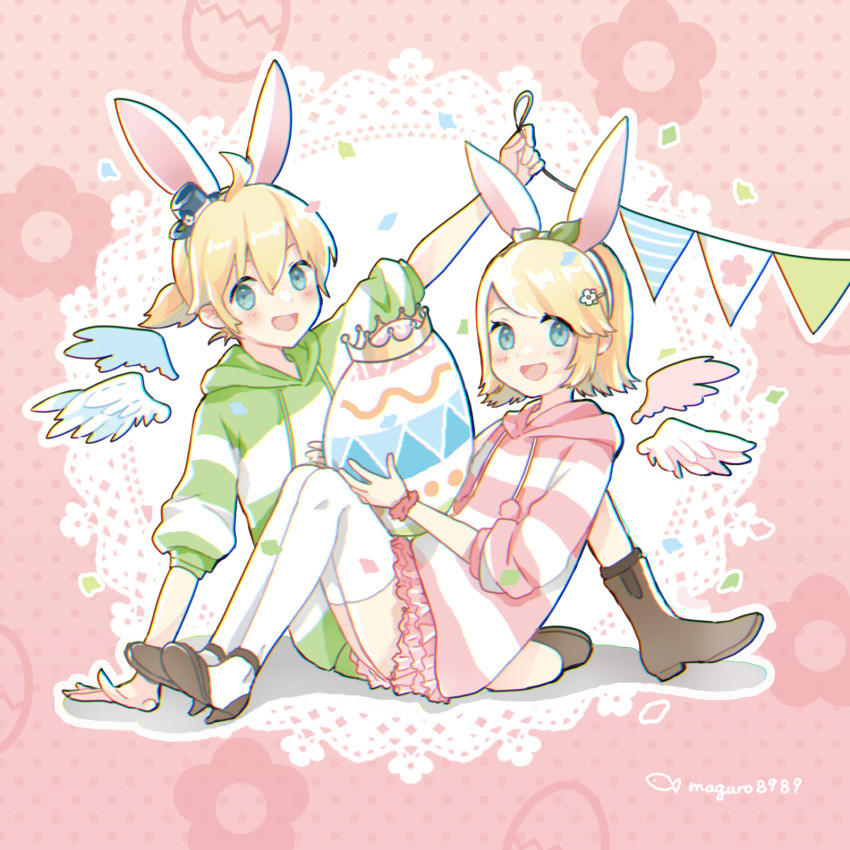 1boy 1girl animal_ears bangs binchou_maguro blonde_hair blue_eyes bow bunny_ears commentary crown easter easter_egg egg floral_print green_bow hair_bow hair_ornament hairband hairclip hat highres holding_egg hood hoodie kagamine_len kagamine_rin knees_up lace_background looking_at_viewer mini_hat open_mouth polka_dot polka_dot_background short_ponytail sitting smile string_of_flags striped_hoodie swept_bangs thighhighs twitter_username vocaloid white_legwear wings