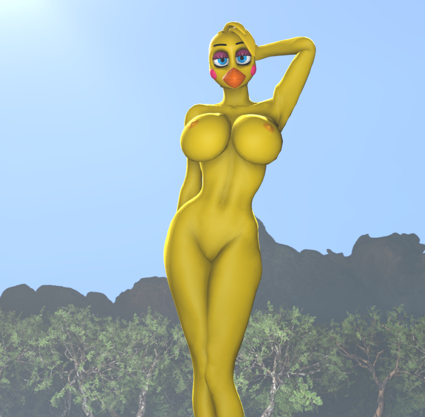 3d_(artwork) animatronic anthro areola avian big_breasts bird breasts chicken digital_media_(artwork) female five_nights_at_freddy's five_nights_at_freddy's_2 galliform gallus_(genus) genitals looking_at_viewer machine nobody3 nude outside phasianid pussy robot solo source_filmmaker standing toy_chica_(fnaf) tree video_games