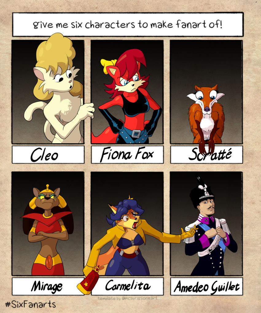 angry anthro archie_comics belly_shirt blue_eyes blue_sky_studios bottomwear breasts canid canine carmelita_fox cleo_catillac clothed clothing digital_media_(artwork) disney disney's_aladdin domestic_cat egyptian facial_hair felid feline felis female fiona_fox fox fur group hair headgear headwear heathcliff_and_the_catillac_cats hi_res human ice_age_(series) italian jewelry lonewolf_(343) male mammal midriff military_uniform mirage_(aladdin) mustache rodent sciurid scratte_(ice_age) sfw_nudity simple_background six_fanarts_challenge sly_cooper_(series) sonic_the_hedgehog_(archie) sonic_the_hedgehog_(comics) sonic_the_hedgehog_(series) sony_corporation sony_interactive_entertainment sucker_punch_productions text topwear uniform video_games