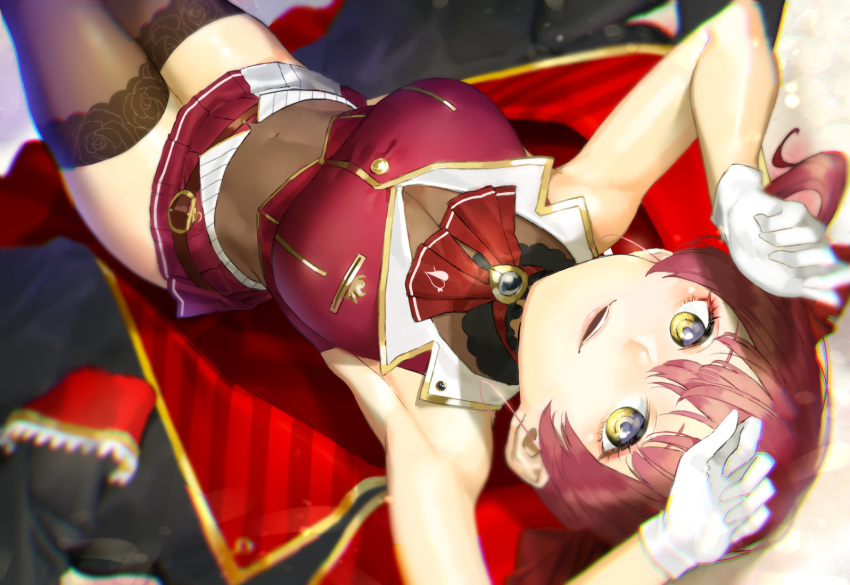 1girl alternate_eye_color armpits black_legwear breasts covered_navel cravat giji_(gishi2186) gloves hololive houshou_marine leotard lips lying no_eyepatch no_hat no_headwear open_mouth solo thighhighs virtual_youtuber white_gloves yellow_eyes