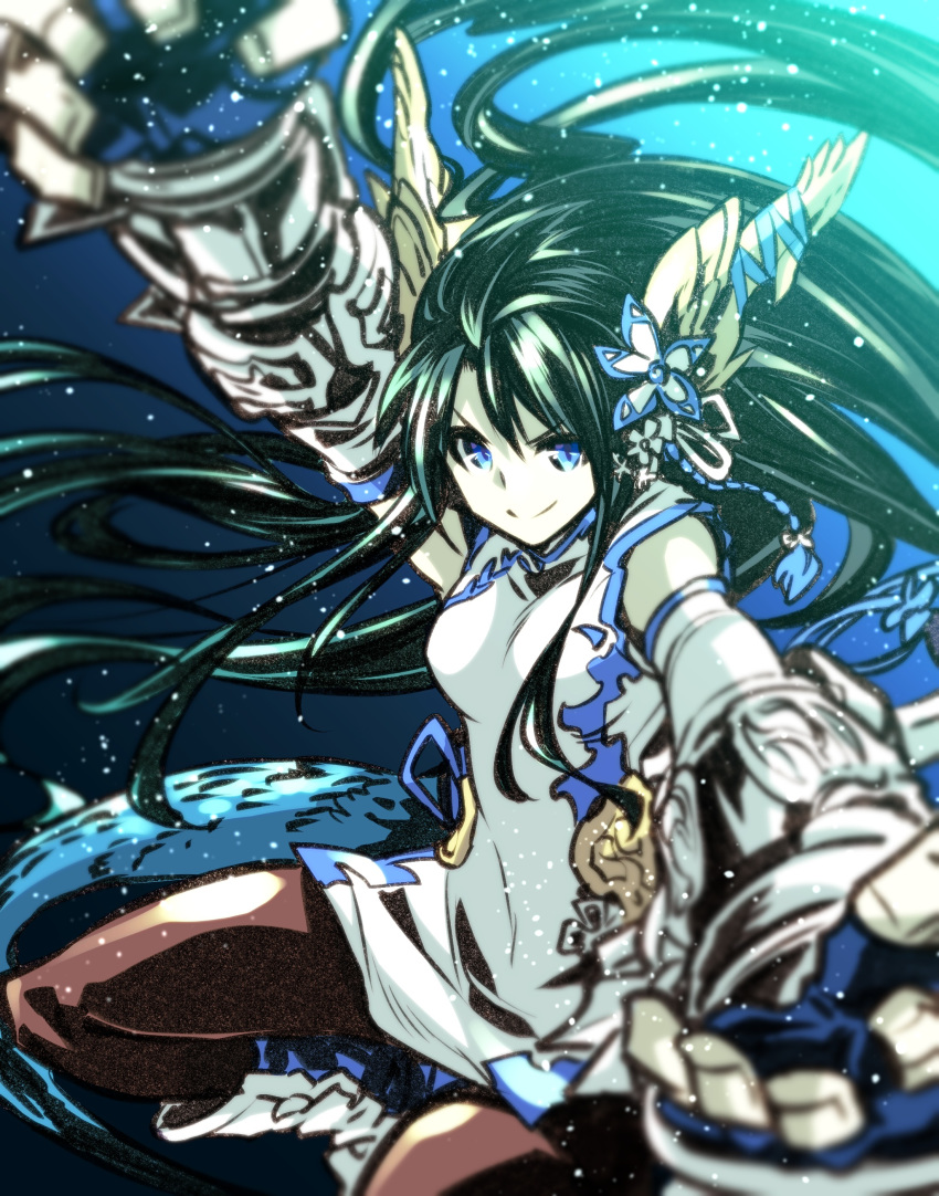 1girl absurdres animal_ears black_hair blue_eyes blurry china_dress chinese_clothes depth_of_field dragon_ears dragon_girl dragon_horns dragon_tail dress head_fins highres horns ishiyumi karin_(p&amp;d) pantyhose puzzle_&amp;_dragons spiked_knuckles tail