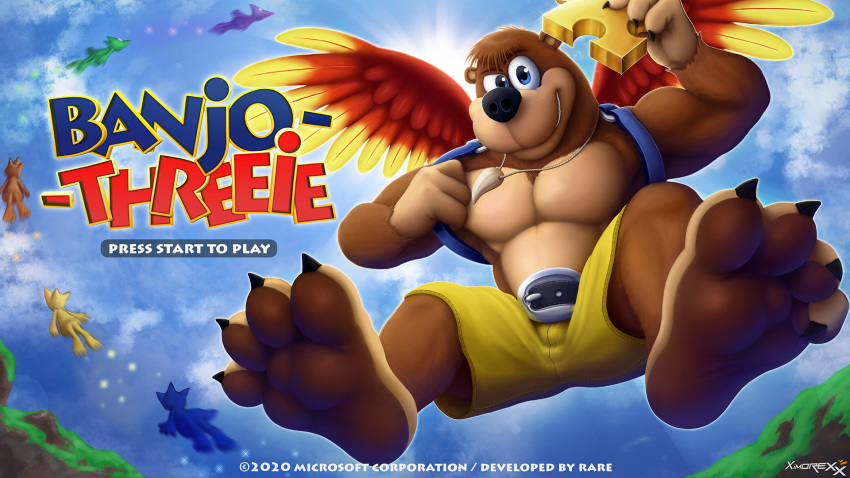 16:9 4_toes ambiguous_gender anthro avian banjo-kazooie banjo_(banjo-kazooie) barefoot belt blue_eyes clothing cloud day duo english_text faceless_ambiguous faceless_character feathered_wings feathers foot_focus hi_res kazooie looking_at_viewer male mammal rareware smile soles text toes ursid video_games widescreen wings ximorexx