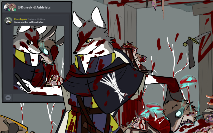 16:10 anthro blood bodily_fluids breasts canid canine canis corpse death decapitation dismemberment domestic_dog duo fan_character female gore guts hi_res intestines male mammal multi_nipple necrophilia nipples omnipresentcrayon selfie story story_in_description undead widescreen wolf zombie