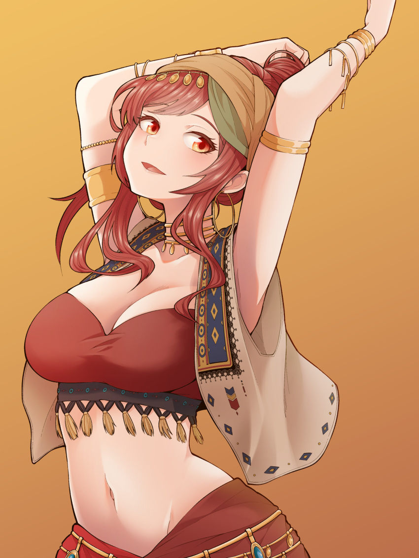 1girl :d absurdres alternate_costume armlet armpits arms_up bandeau bangs blush bracelet breasts brown_background brown_eyes brown_hair choker cleavage collarbone commentary_request dancer eyebrows_visible_through_hair grey_vest groin highres idolmaster idolmaster_shiny_colors jewelry long_hair looking_at_viewer midriff navel oosaki_amana open_mouth red_bandeau red_skirt sidelocks simple_background skirt smile solo standing tagme tassel tied_hair tokufumi upper_body vest