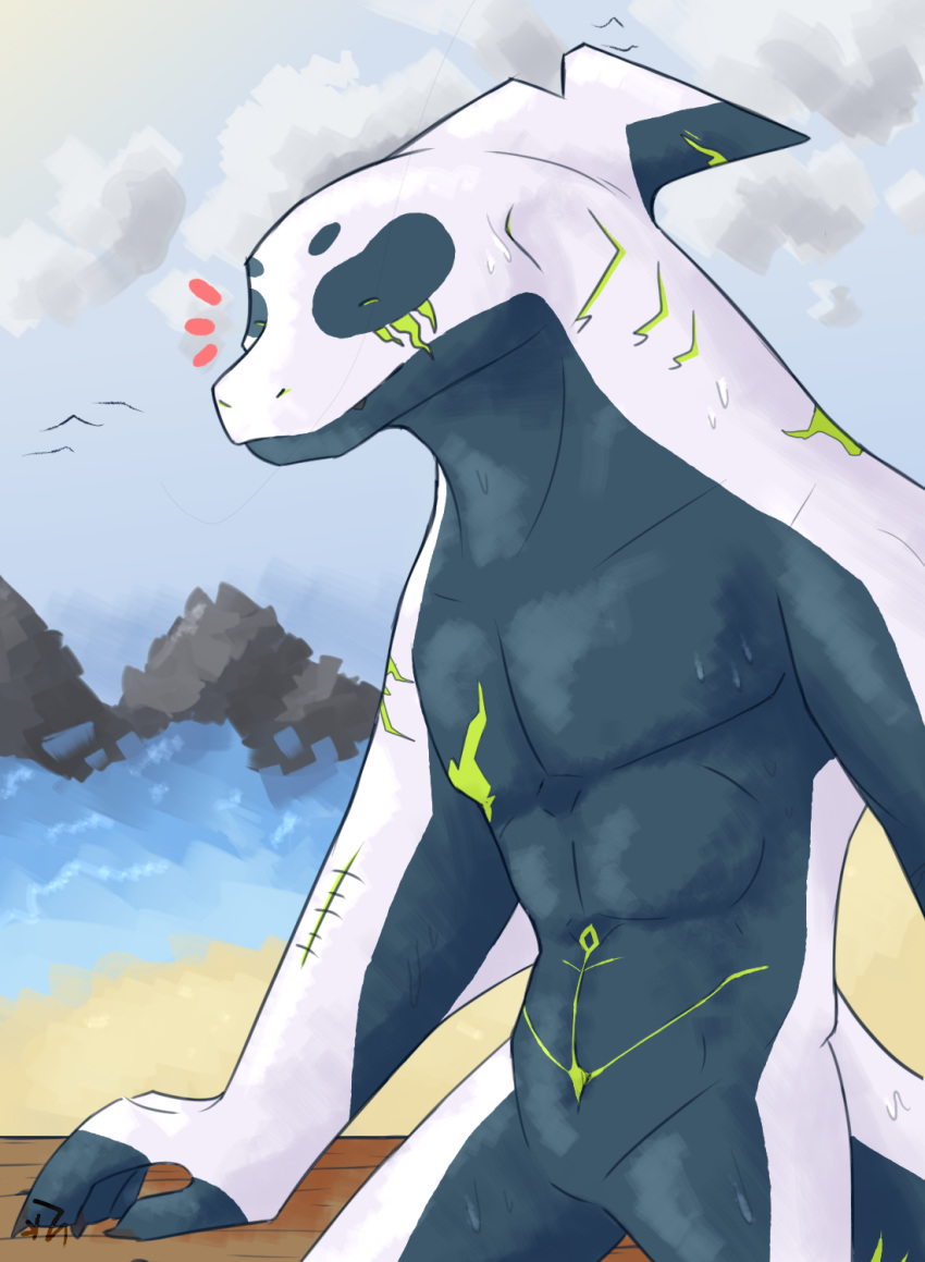 2020 anthro beach cetacean delphinoid detailed_background digital_drawing_(artwork) digital_media_(artwork) eyes_closed hi_res kdkilo male mammal marine multicolored_body muscular muscular_male nude oceanic_dolphin orca outside pecs seaside smile solo toothed_whale two_tone_body white_body wounded