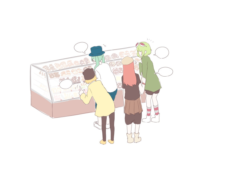 /\/\/\ 4girls aqua_hair bakery blank_speech_bubble blonde_hair blue_headwear blue_pants brown_skirt commentary counter donut_hole_(vocaloid) faceless faceless_female goggles goggles_on_head green_hair green_shirt gumi hatsune_miku highres index_finger_raised kagamine_rin kaimo_(mi6kai) leaning_forward long_hair megurine_luka multiple_girls pants pantyhose pastry pink_hair pointing red_goggles shirt shoes shop short_hair skirt sneakers speech_bubble twintails vocaloid white_shirt yellow_shirt