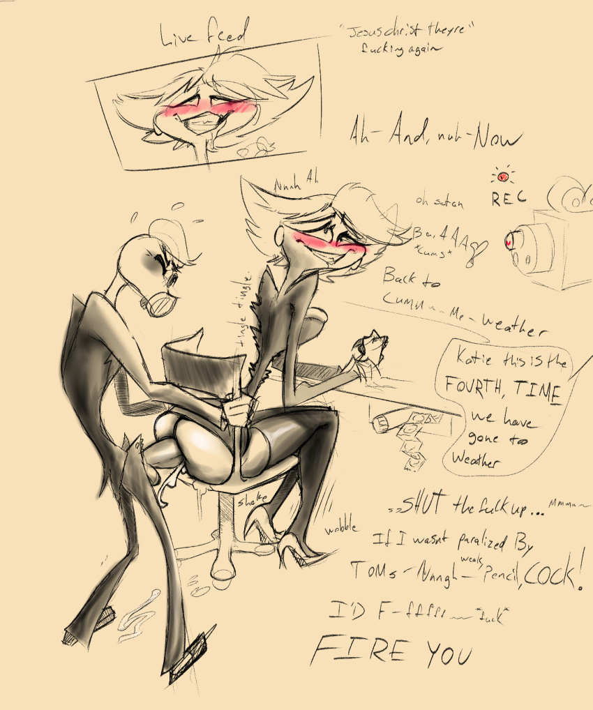 ahegao ambiguous_penetration anal artblush belittling big_butt big_penis blush bottomless bullying business_suit butt clothed clothing demon dialogue english_text female footwear gas_mask genitals hazbin_hotel hi_res high_heels katie_killjoy looking_pleasured male male/female mask penetration penis public sex_in_the_work_place sharp_teeth shoes suit teeth text ton_trench wide_hips