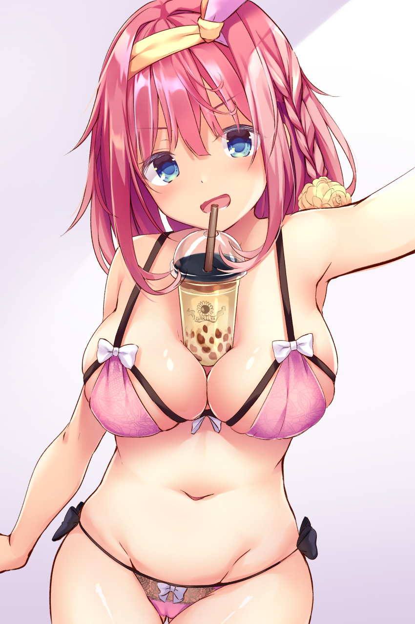 1girl absurdres bangs blue_eyes bra breasts bubble_tea bubble_tea_challenge cowboy_shot cup disposable_cup drink drinking_straw eyebrows_visible_through_hair hairband highres kinokomushi large_breasts looking_at_viewer navel object_on_breast original panties solo underwear